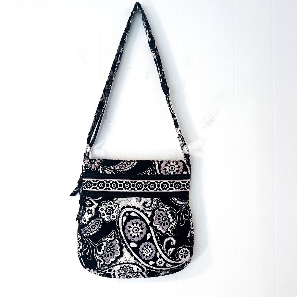 Vera Bradley Triple Zip Crossbody Midnight Paisley Bag Purse Black White Gray